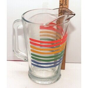 Vintage Rainbow Stripe Pitcher With Ice Lip 9" Colorful Heavy Iced Tea Lemonade